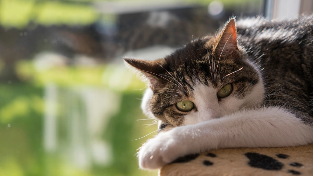 A cat lounging and looking out toward the garden