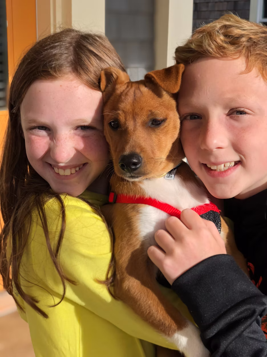 Two smiling kids snuggling their newly adopted brown and white puppy in a red harness