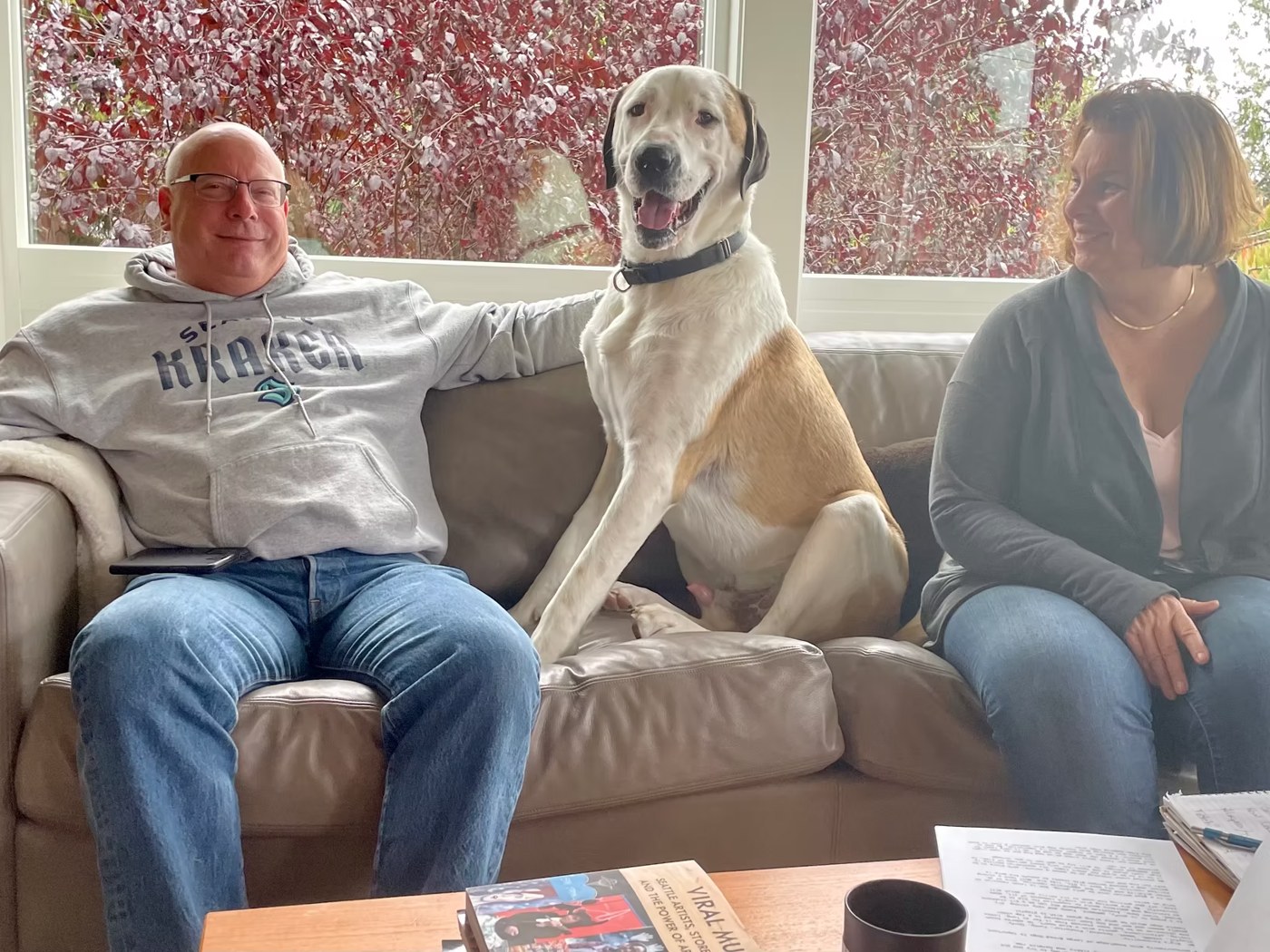 Tall cream and tan rescue dog sitting proudly on the couch between her adopters